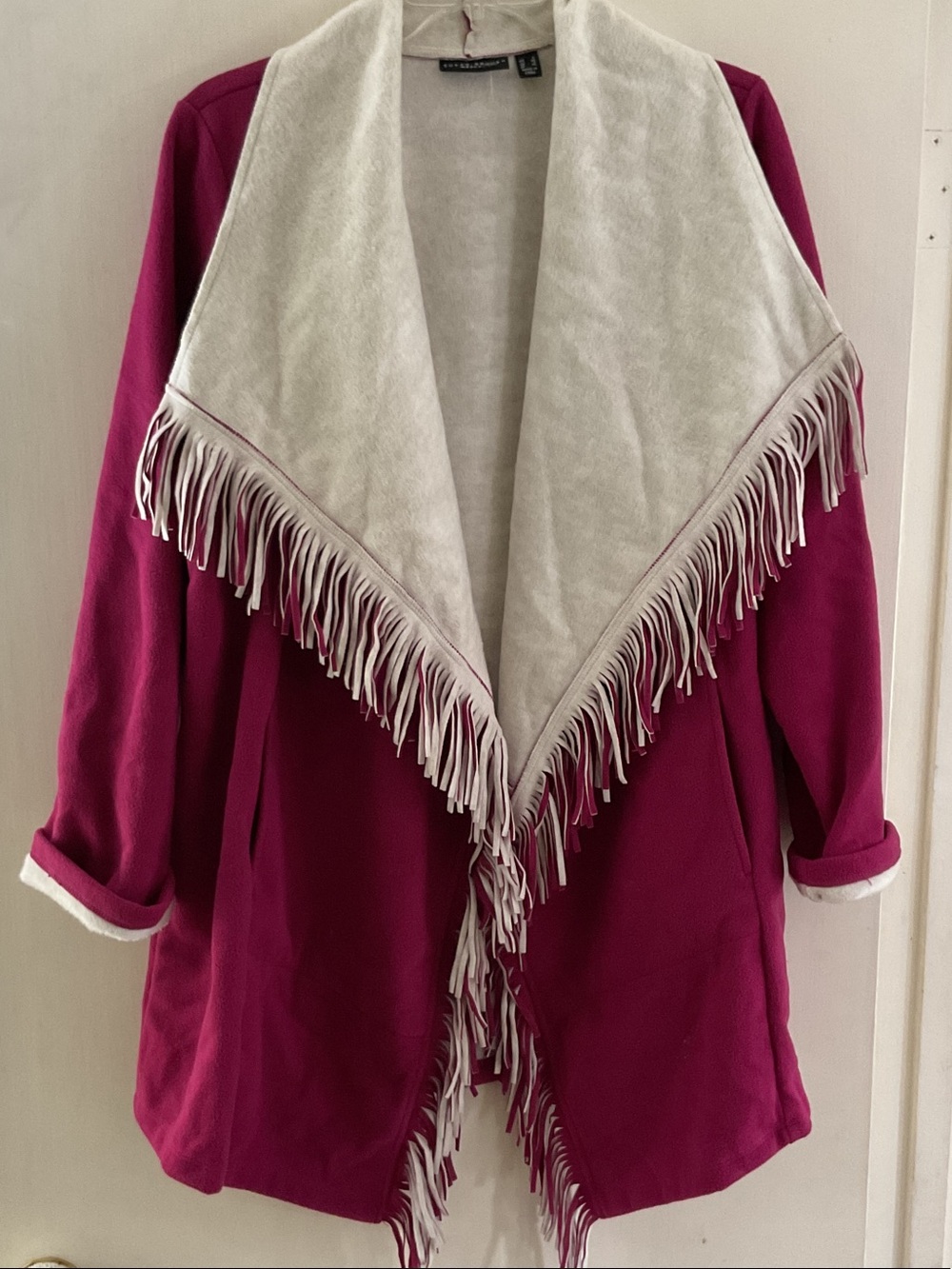 Susan Graver Bonded Polar Fleece Open Front Jacket with Fringe Shawl Collar
